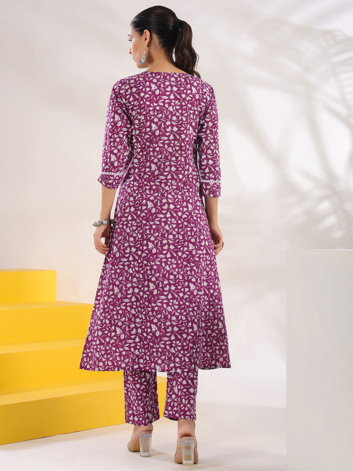Purple Pure Cotton Floral Print A-Line Kurta Trouser Set-Yufta Store-1645SETPRS