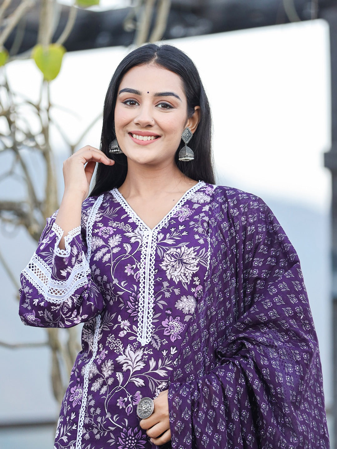 Hand block shops cotton kurta in purple color with lace detailings with cotton dupatta and cotton ptint pants