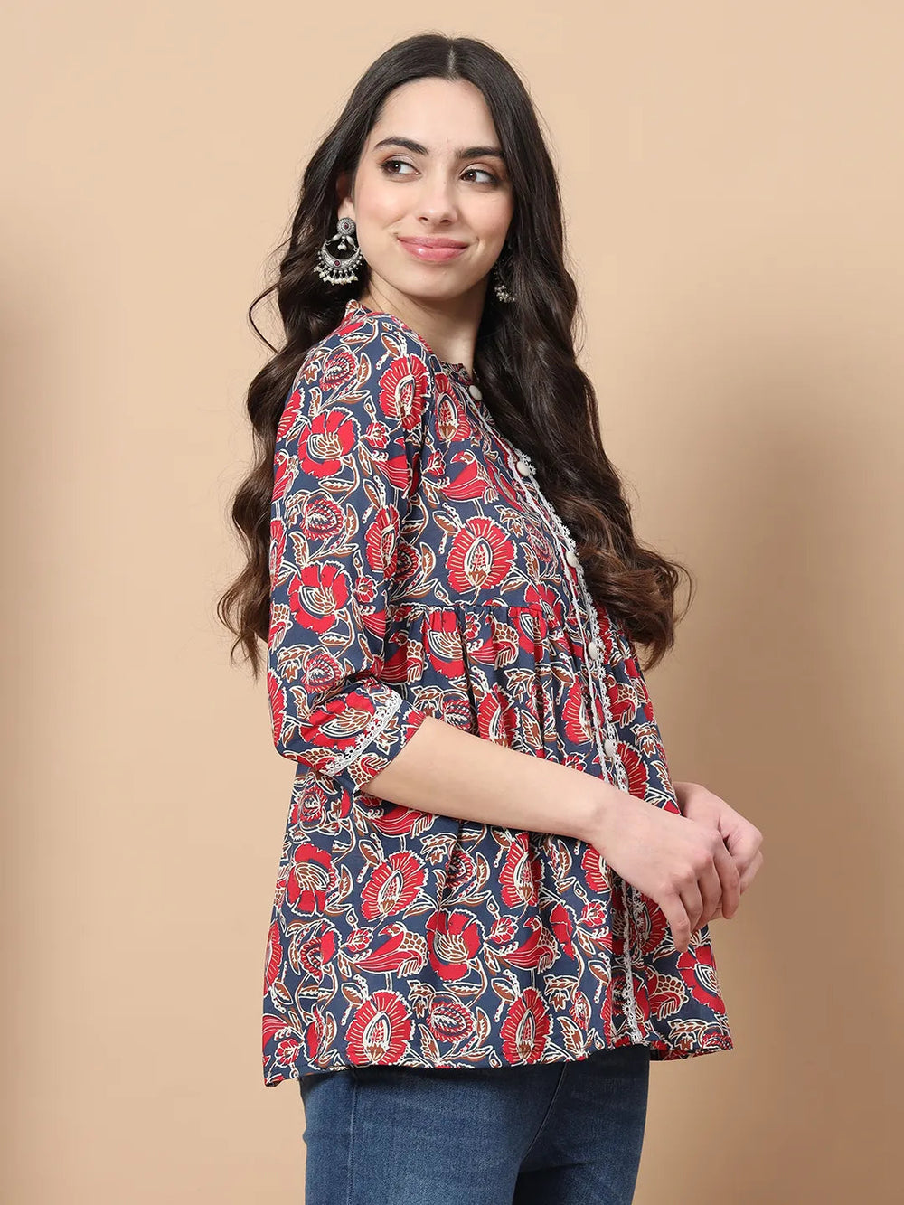 Red Cotton Floral Print Peplum Top With Lace Detailing-Yufta Store-1758TOPRDS
