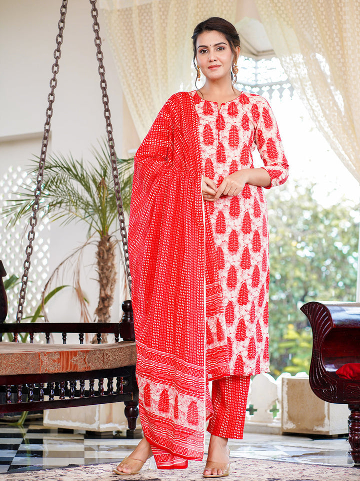 Red Pure cotton Straight Kurta Trouser And Suit Sets Set-Yufta Store-1640SKDRDS