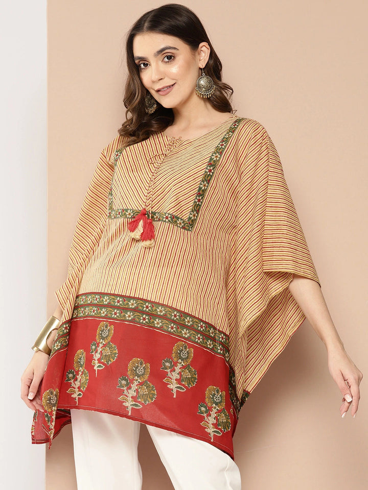 Red and beige Striped Cotton Kaftan Longline Top-Yufta Store-1411TOPRDS