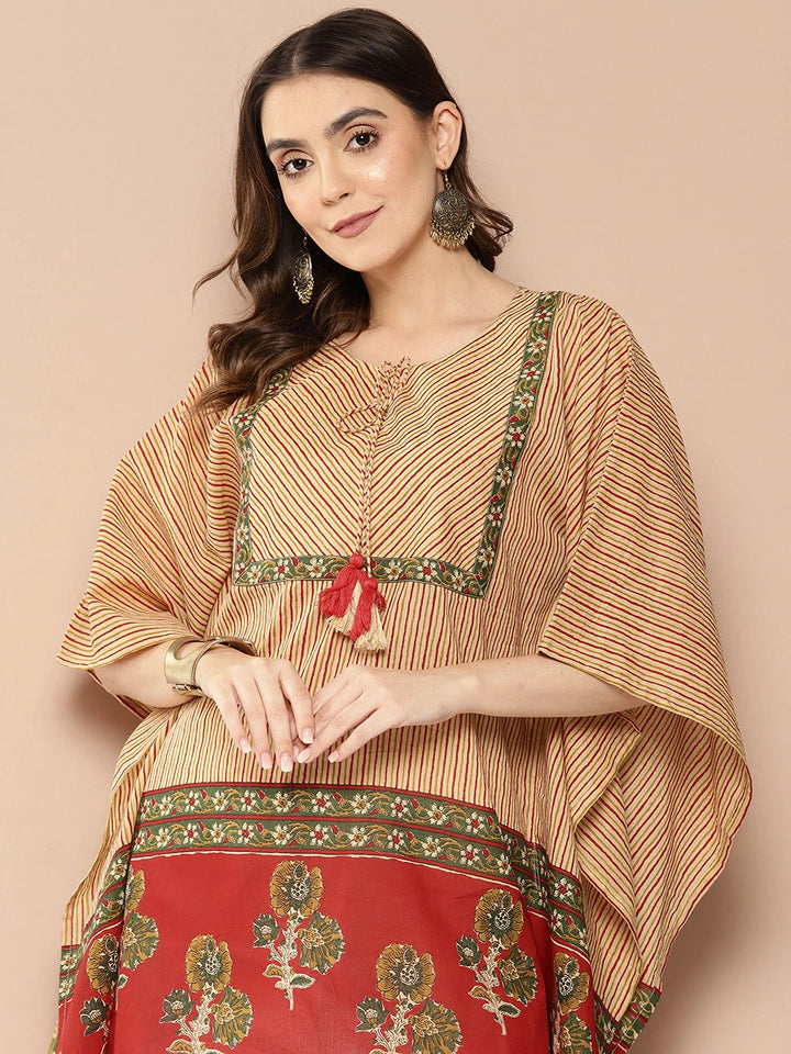 Red and beige Striped Cotton Kaftan Longline Top-Yufta Store-1411TOPRDS