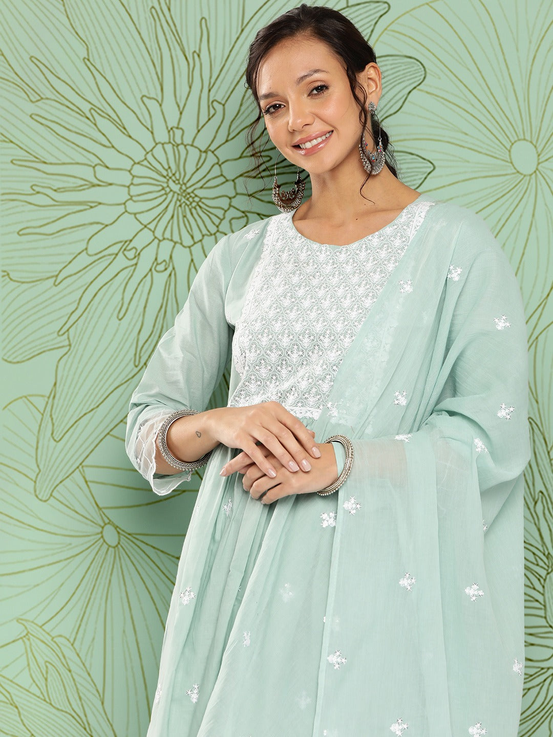 Sea Green Floral Embroidered Cotton Kurta With Dupatta Set-Yufta Store-1256SKDSGS