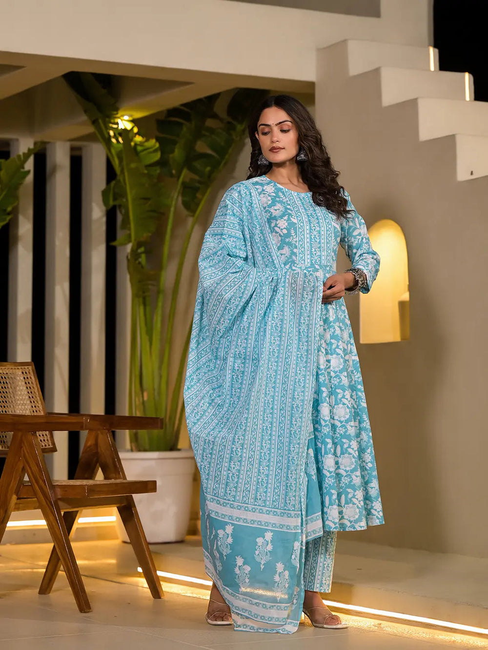 Sky Blue Cotton Anarkali Style Sequins_Work Kurta With Trousers And Dupatta Set-Yufta Store-6892SKDSBS
