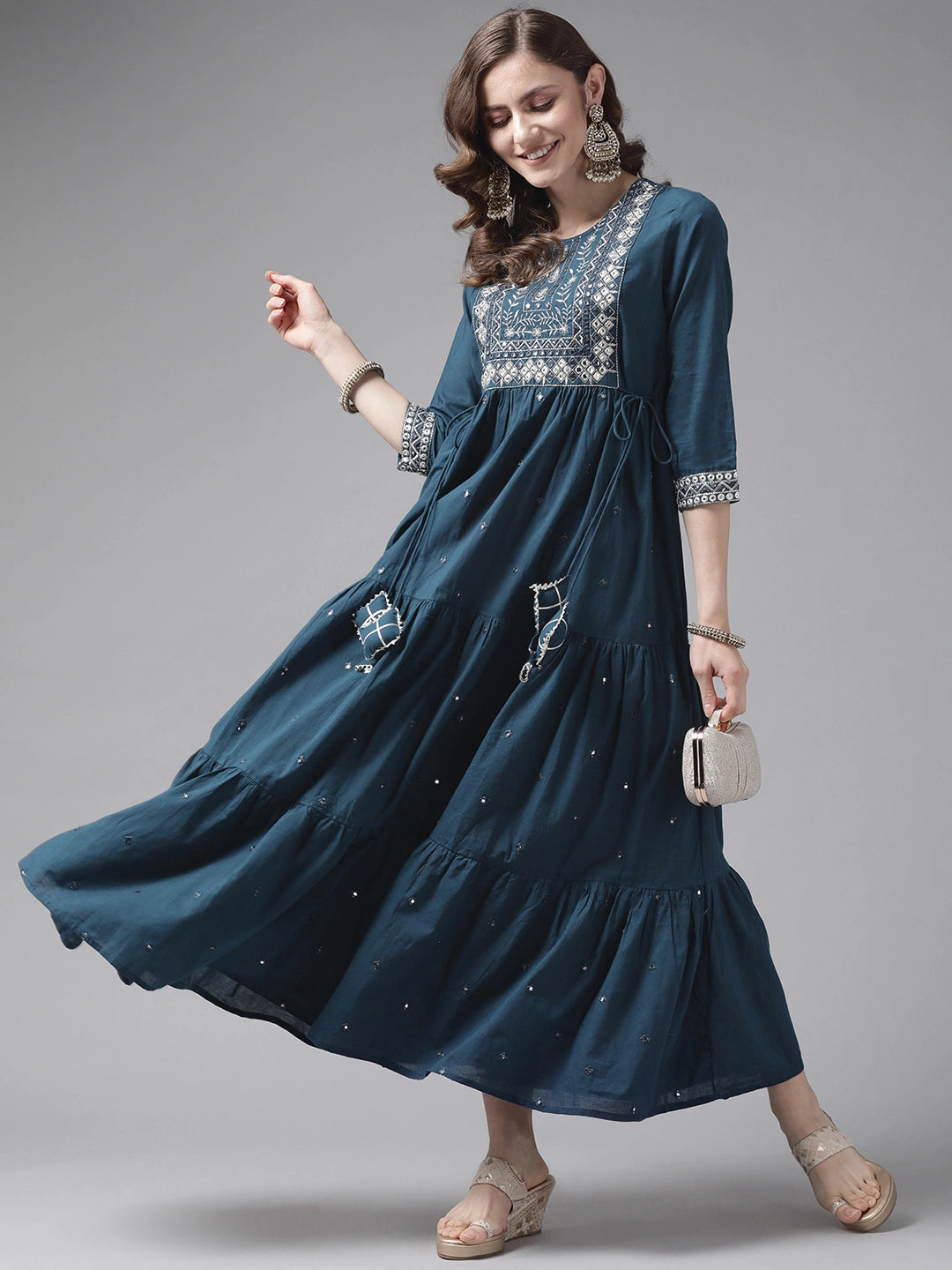 Teal Ethnic Motifs Cotton Dress-Yufta Store-2194DRSBLM
