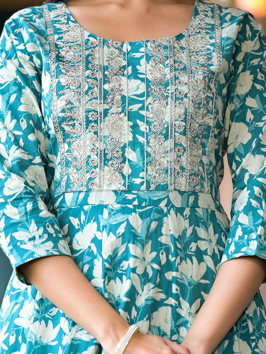 Teal Green Floral Dori_Embroidery Kurta Trouser With Dupatta Set-Yufta Store-1724SKDTGS