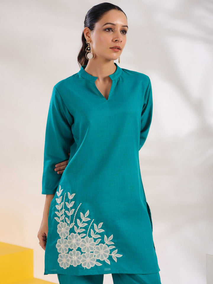 Turquoise Blue Straight Embroidered Co-ord set-Yufta Store-1630CRDTBS