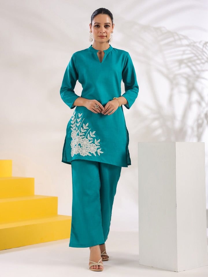 Turquoise Blue Straight Embroidered Co-ord set-Yufta Store-1630CRDTBS