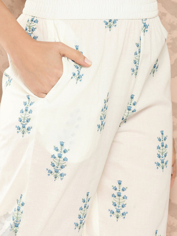 White Floral Printed Gotta Patti Pure Cotton Kurta with Trousers & Dupatta Set-Yufta Store-1395SKDWHS