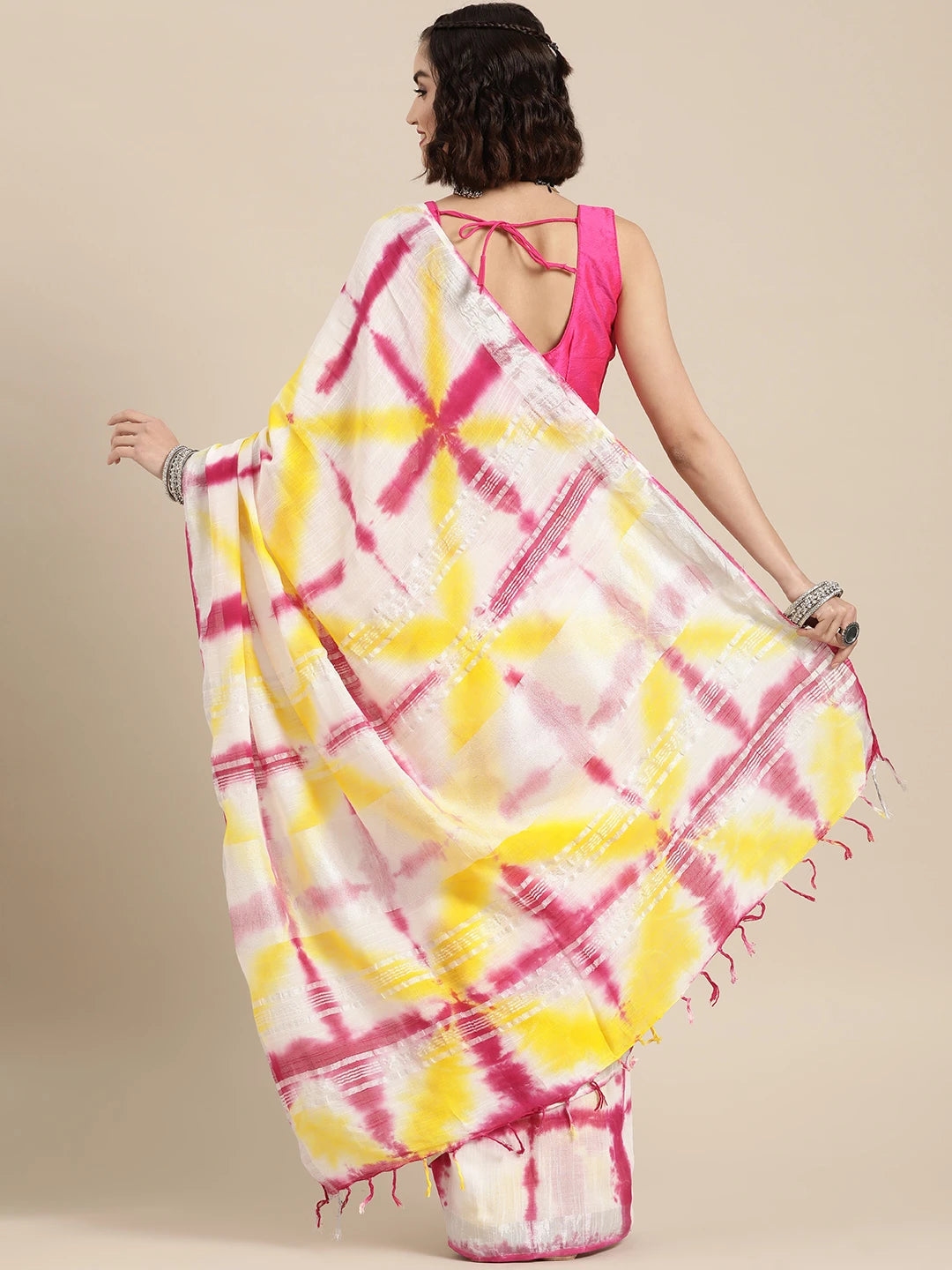 White & Pink Tie-Dye Zari Saree-Yufta Store-6024SARWH