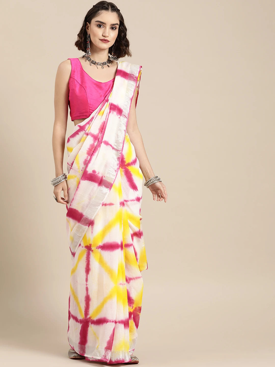 White & Pink Tie-Dye Zari Saree-Yufta Store-6024SARWH