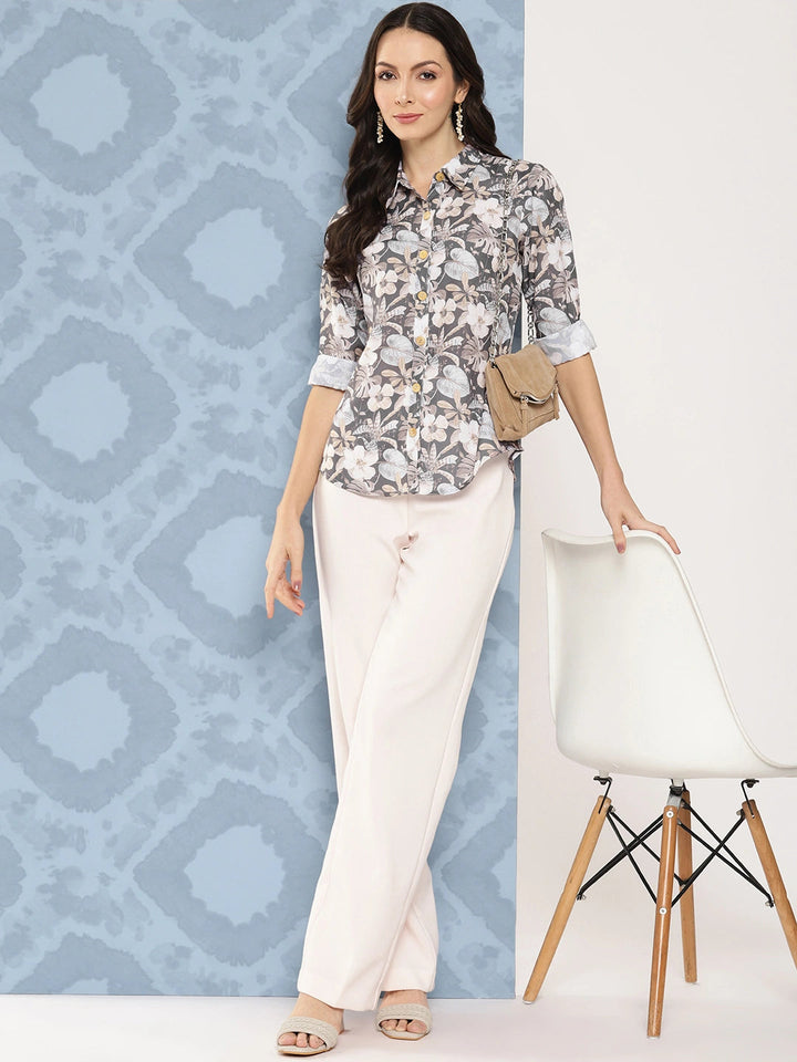 Women Grey Floral Opaque Printed Casual Shirt-Yufta Store-1417TOPGYS