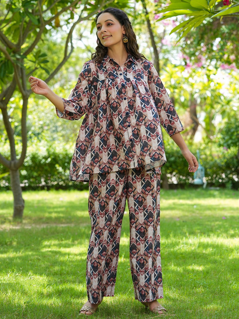 Women Printed Pure Cotton Shirt with Palazzos Co-Ords-Yufta Store-1437CRDBGS