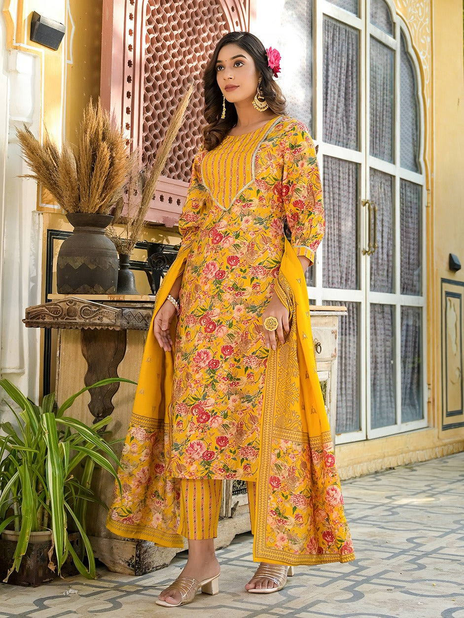 Yellow Floral print Kurta Trouser with Dupatta Set-Yufta Store-1525SKDYLS