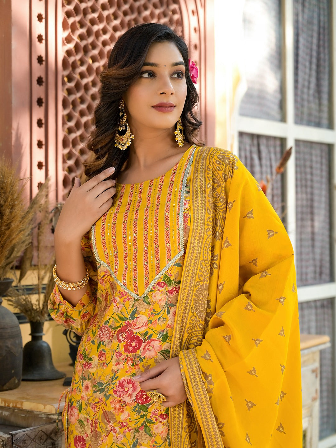 Yellow Floral print Kurta Trouser with Dupatta Set-Yufta Store-1525SKDYLS