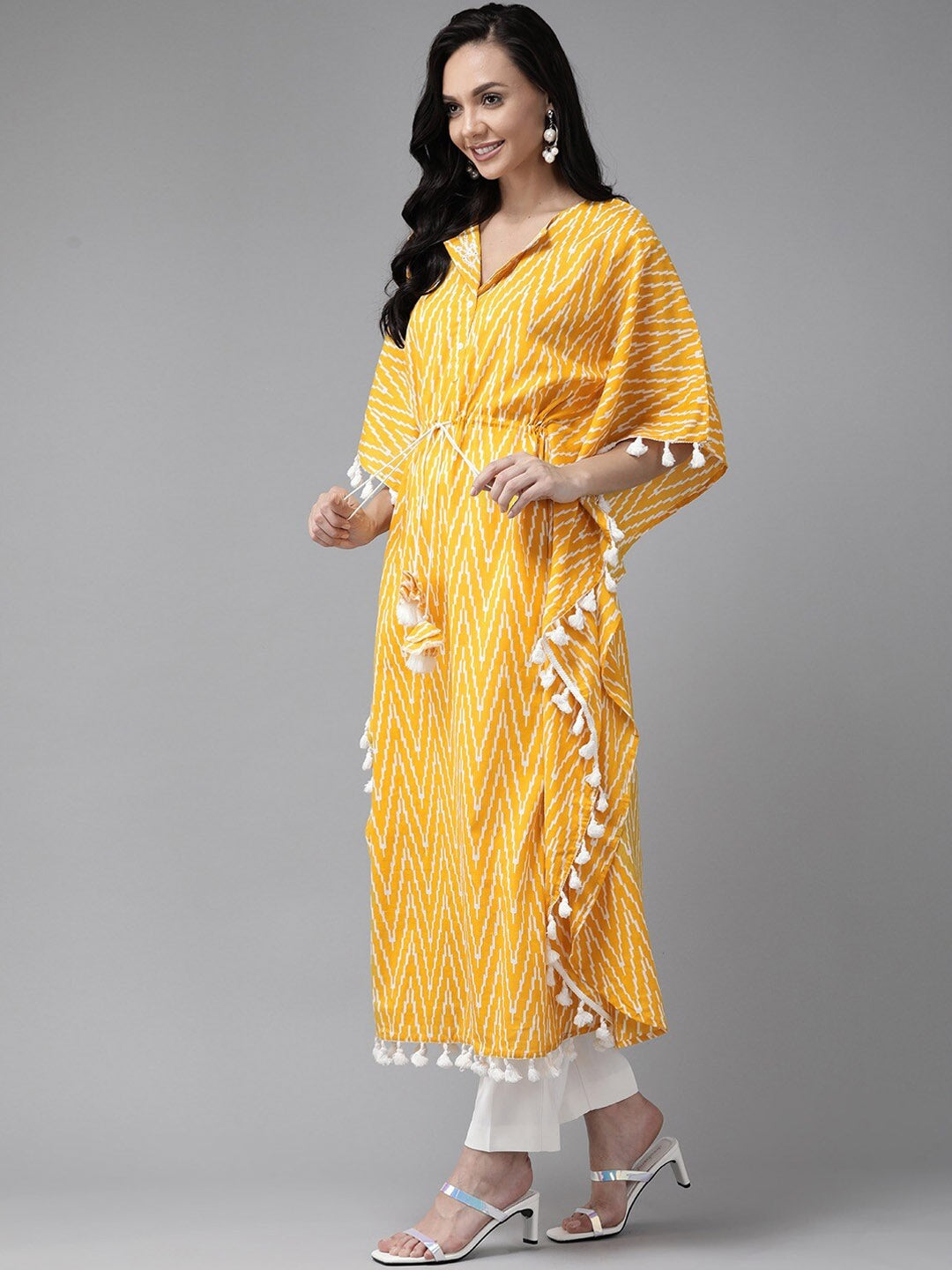 Yellow & Off White Printed Kaftan-Yufta Store-9292KFTYLS