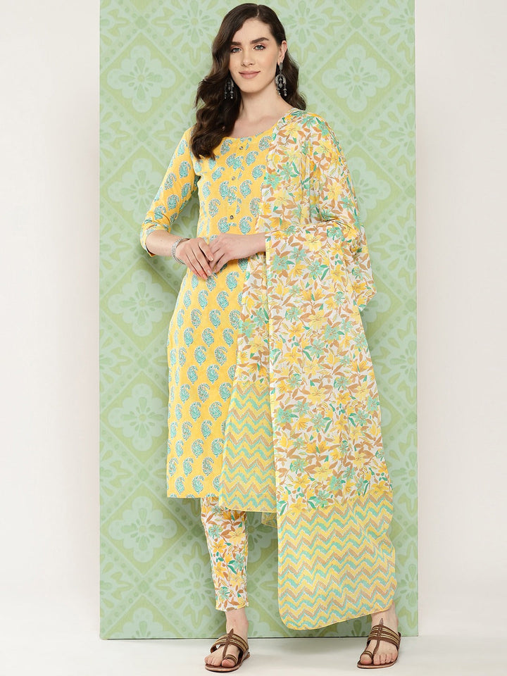 Yellow Paisley Printed Pure Cotton Kurta with Trousers & With Dupatta Set-Yufta Store-1474SKDYLS