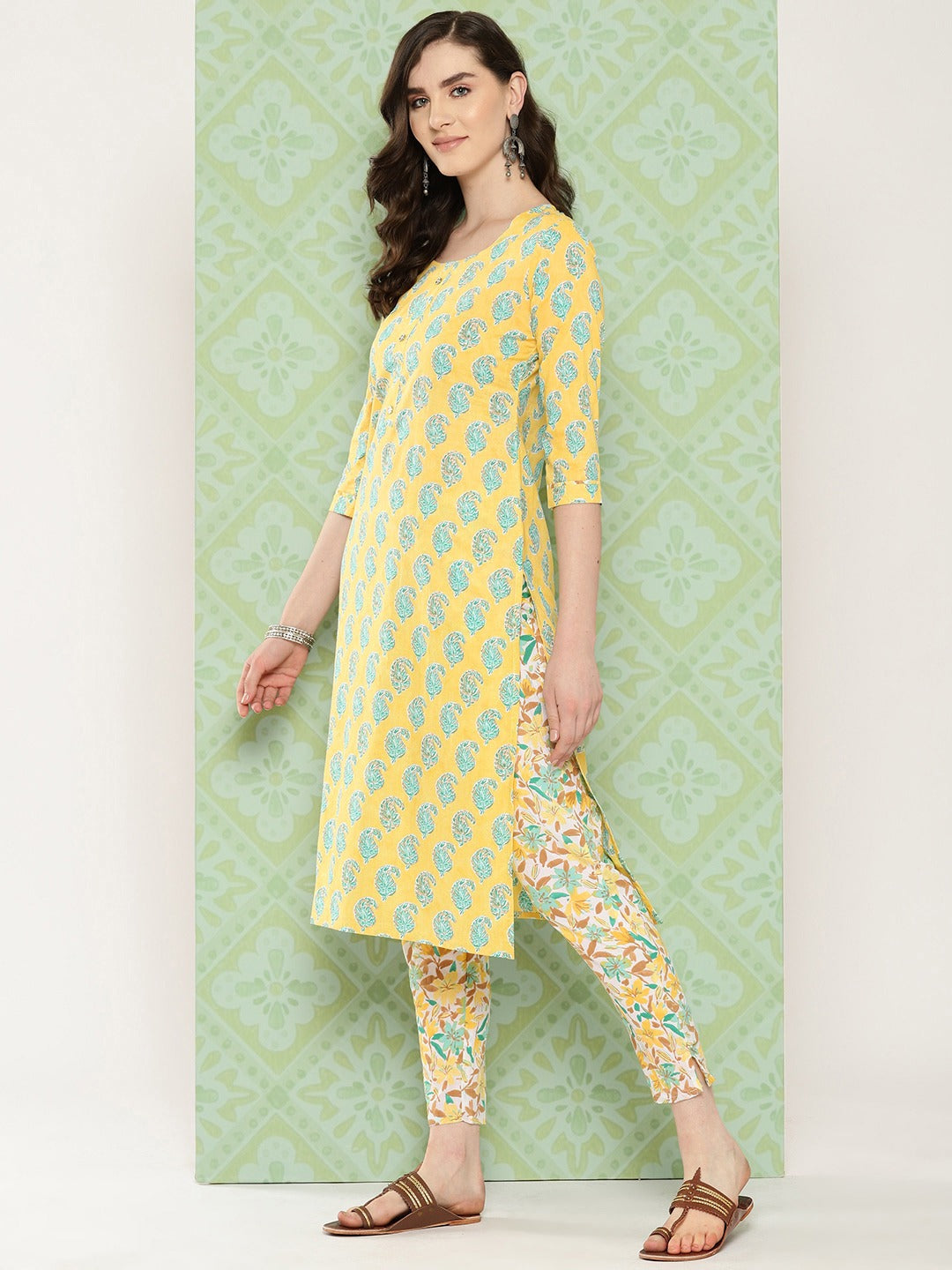 Yellow Paisley Printed Pure Cotton Kurta with Trousers & With Dupatta Set-Yufta Store-1474SKDYLS