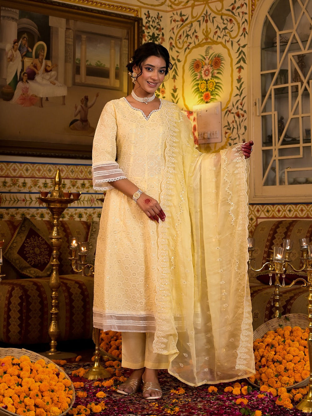Yellow Pure Cotton Sequins Work Anarkali Kurta Trouser With Dupatta Set
