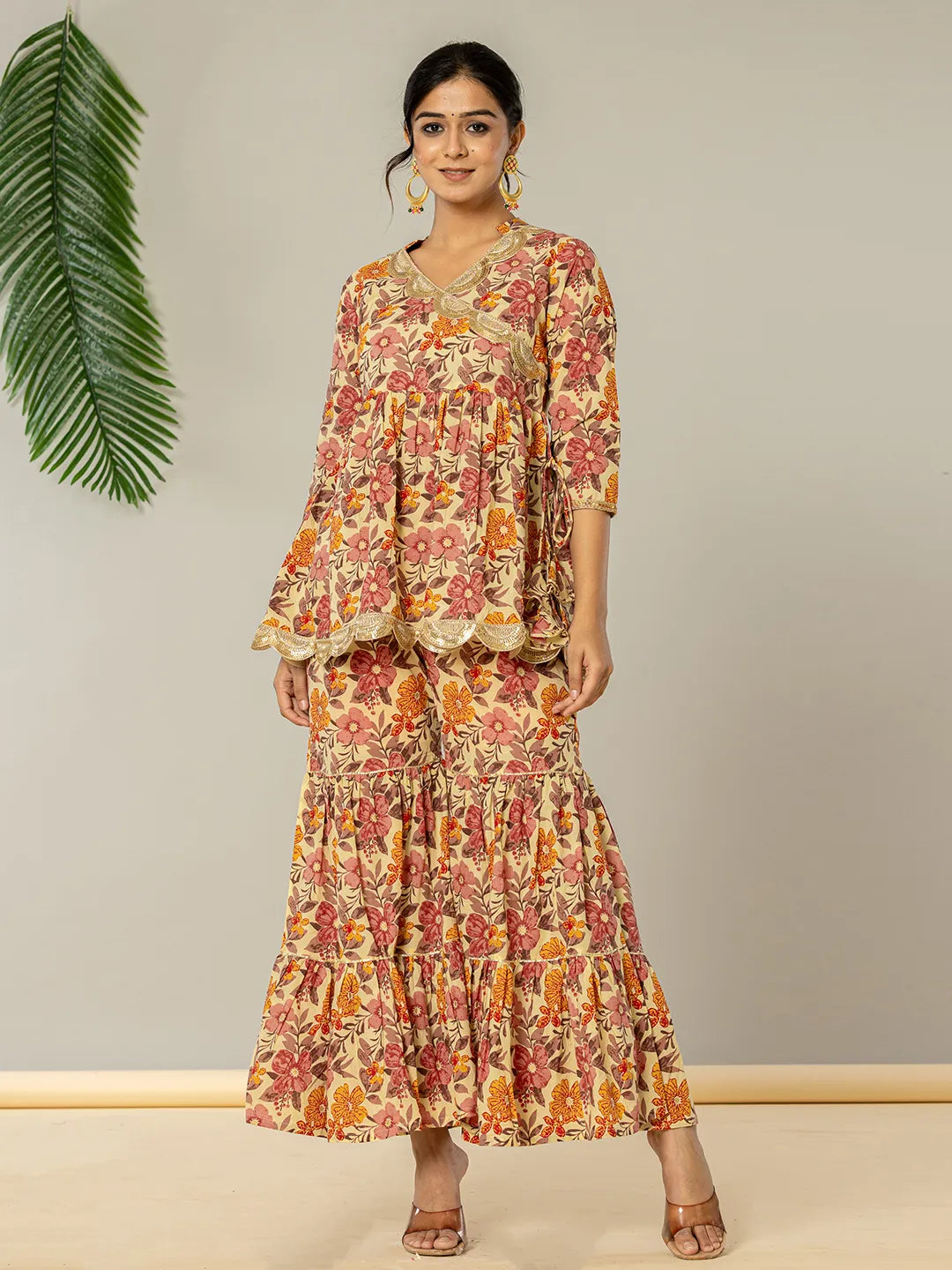 Beige Cotton Peplum Sharara Co Ord Set – Yufta Store