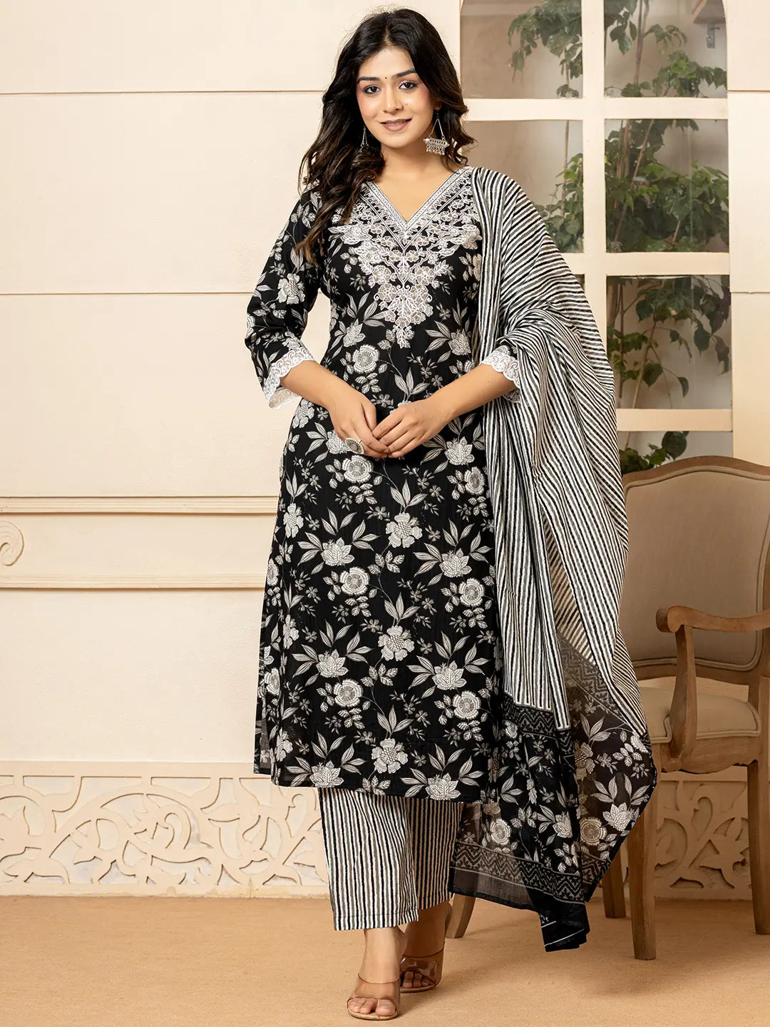 Black Embroidered Pure Cotton Straight Kurta Sets With Dupatta