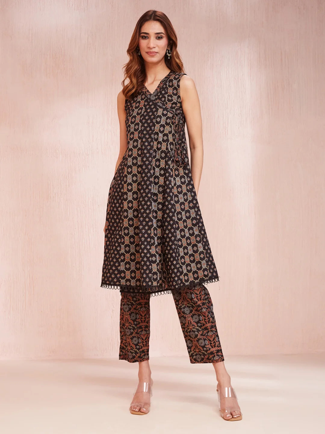 Black Printed Pure Cotton A-Line Kurta Trouser Set main image 1
