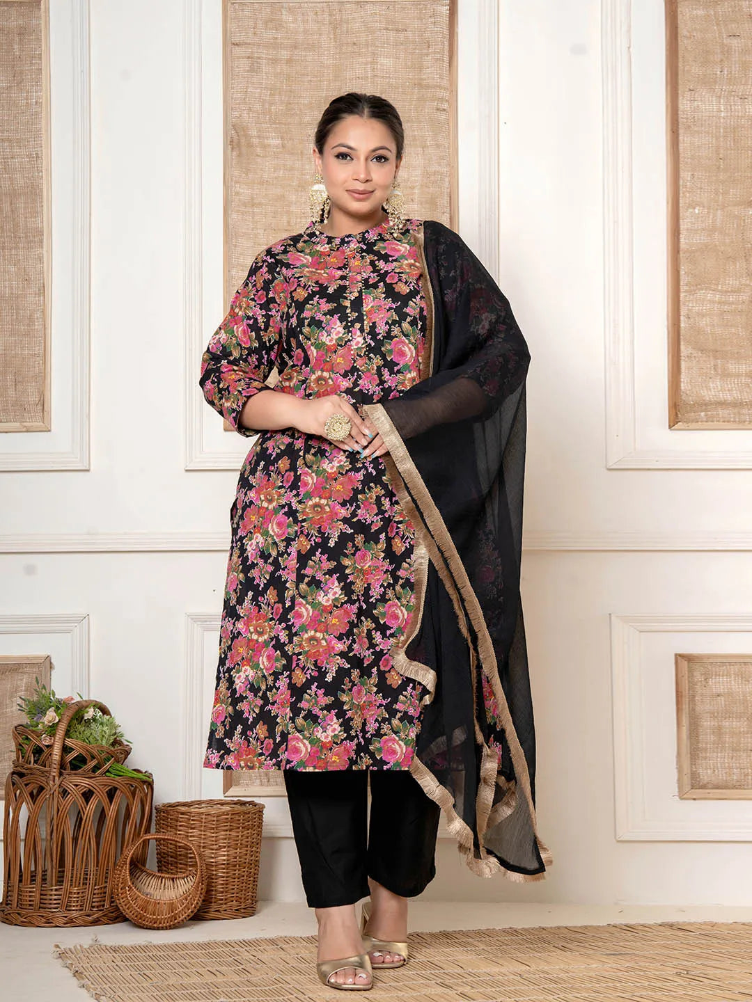 Black Floral Print Cotton Plus Size Kurta And Pant With Dupatta Set