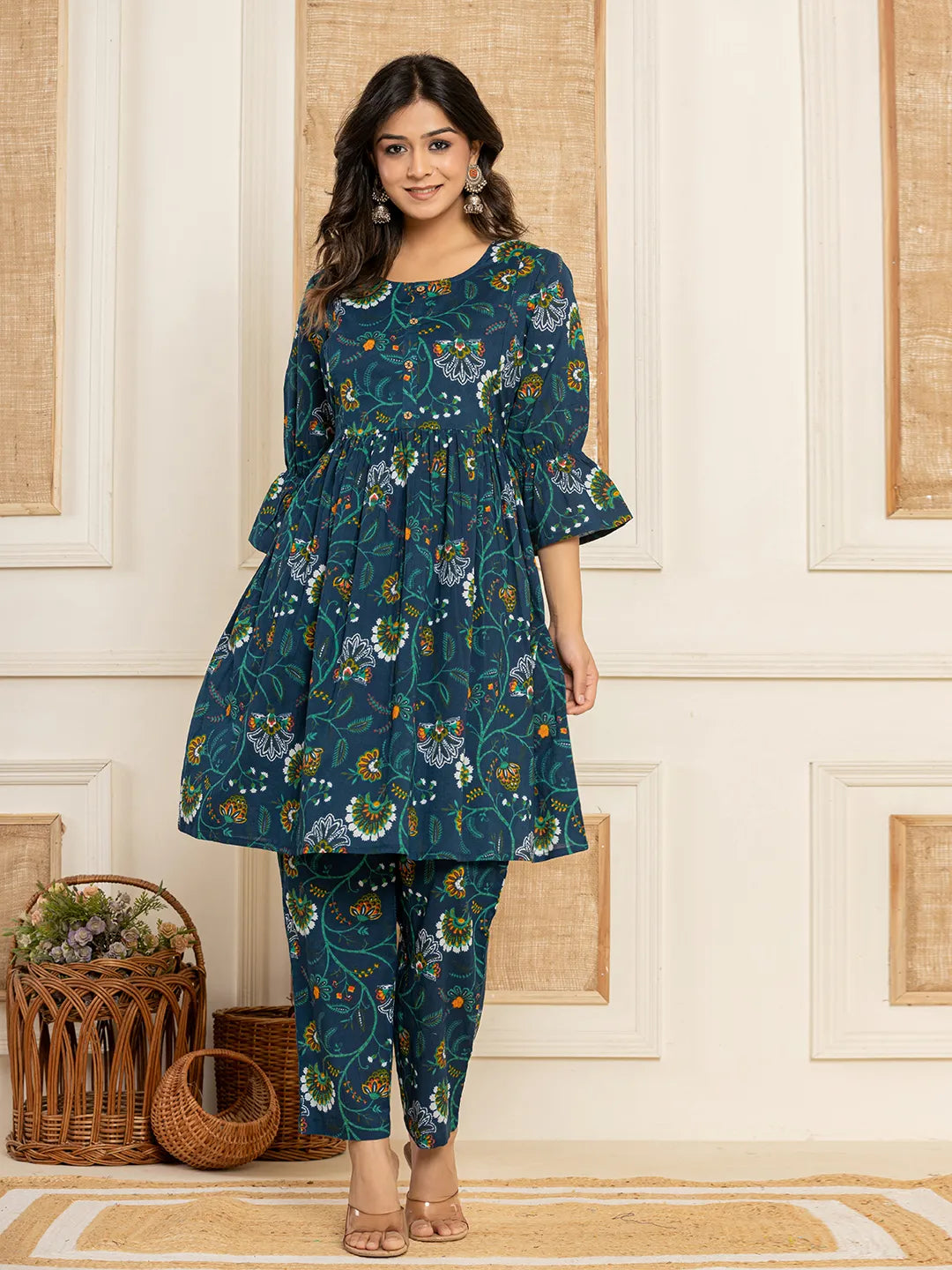 Babyhug 100% Cotton Woven Full Sleeve Floral Printed Kurta & Dhoti Set- Blue main image 1