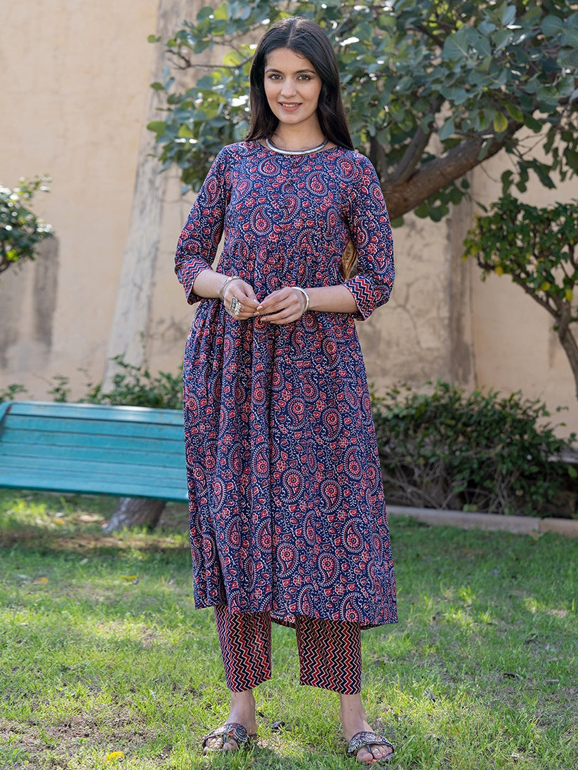 Blue Cotton Printed gathered kurta Set With Front Slit – Yufta Store