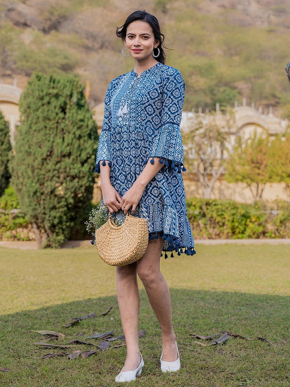 Blue Pure Cotton Ethnic Motifs Less Border Tassels Were Dress