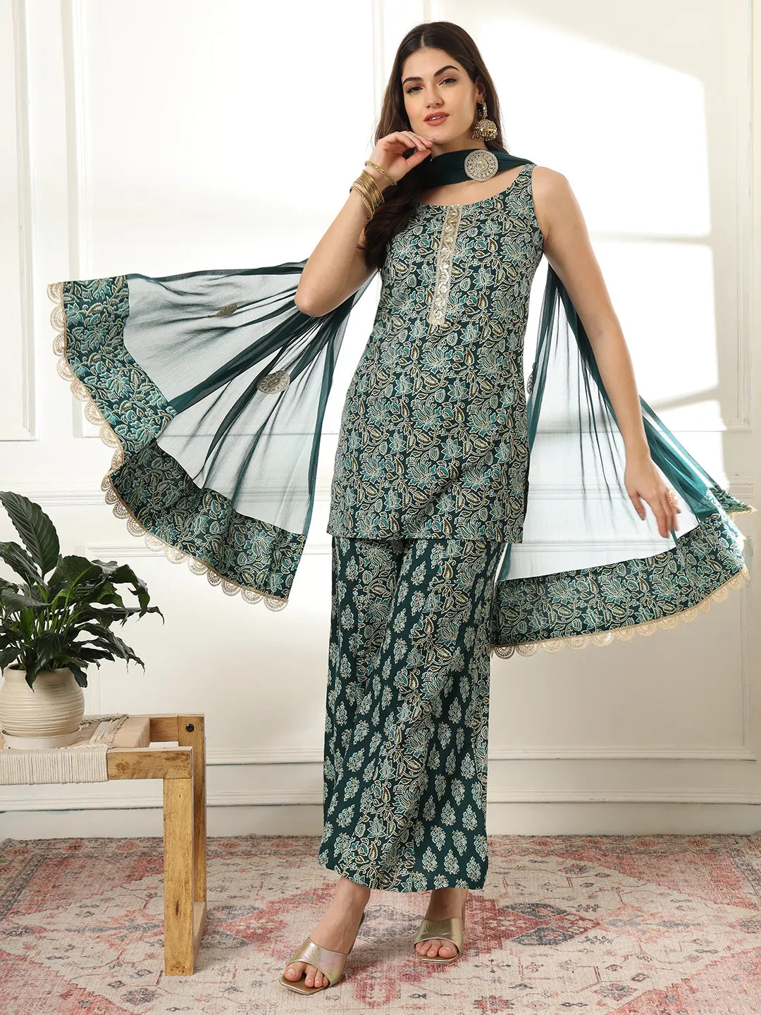 Kundmayi Organza Satin Sage Green Kurta with Palazzo Set