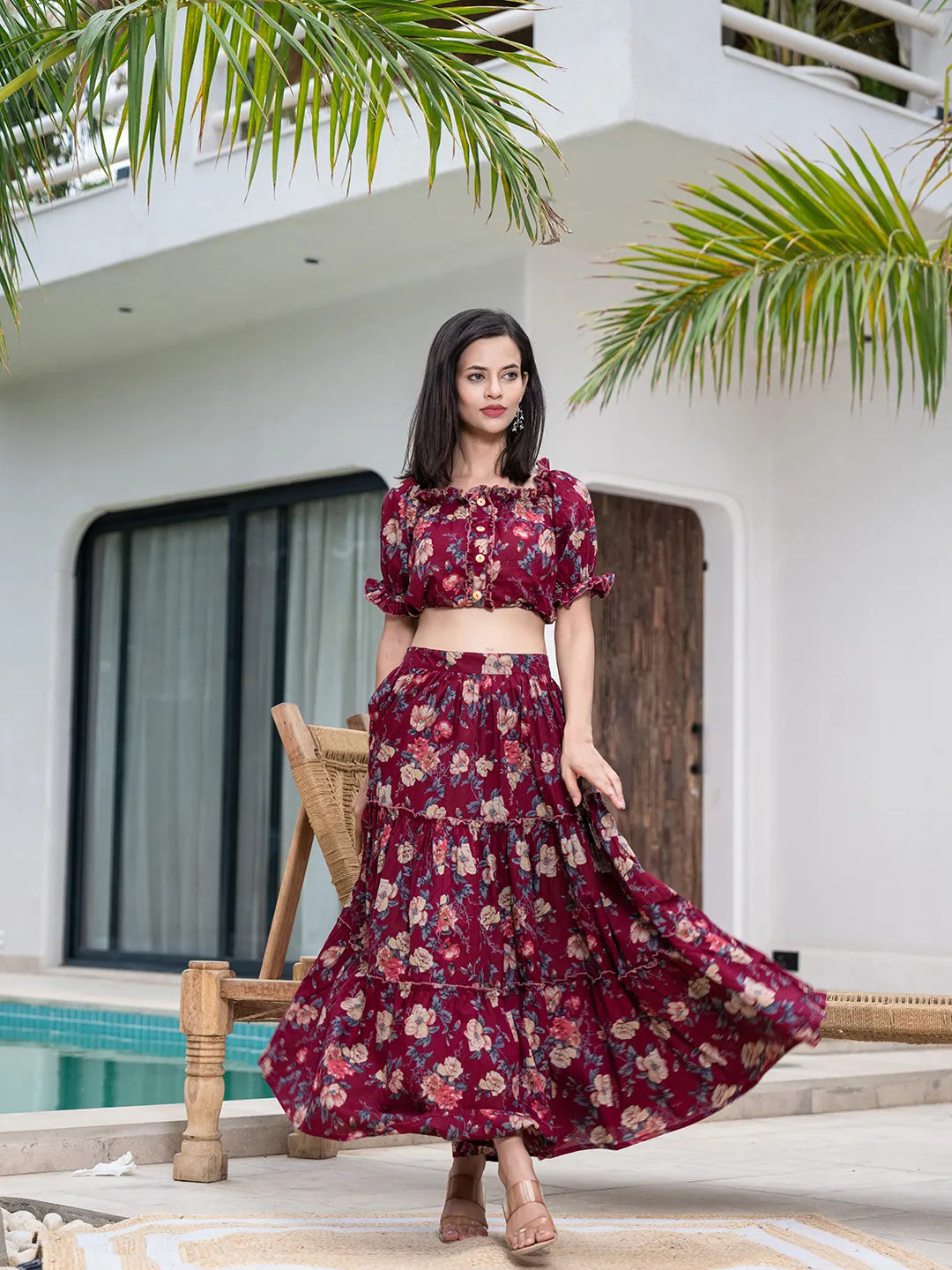 Cotton Maroon Skirt Co Ord Set – Yufta Store