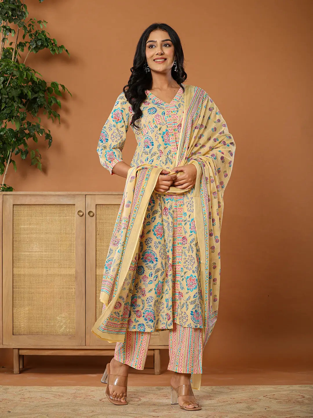 Yellow And White cotton Straight Kurta Pant Dupatta Set