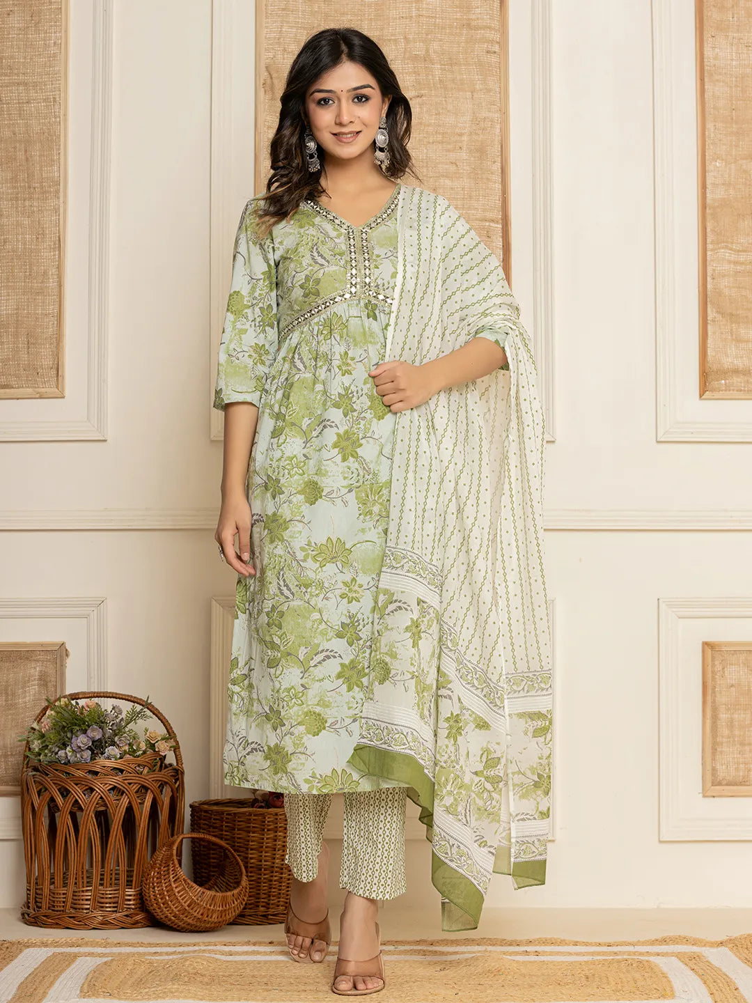 Green Floral Print Cotton Alia Cut Kurta And Trousers With Dupatta
