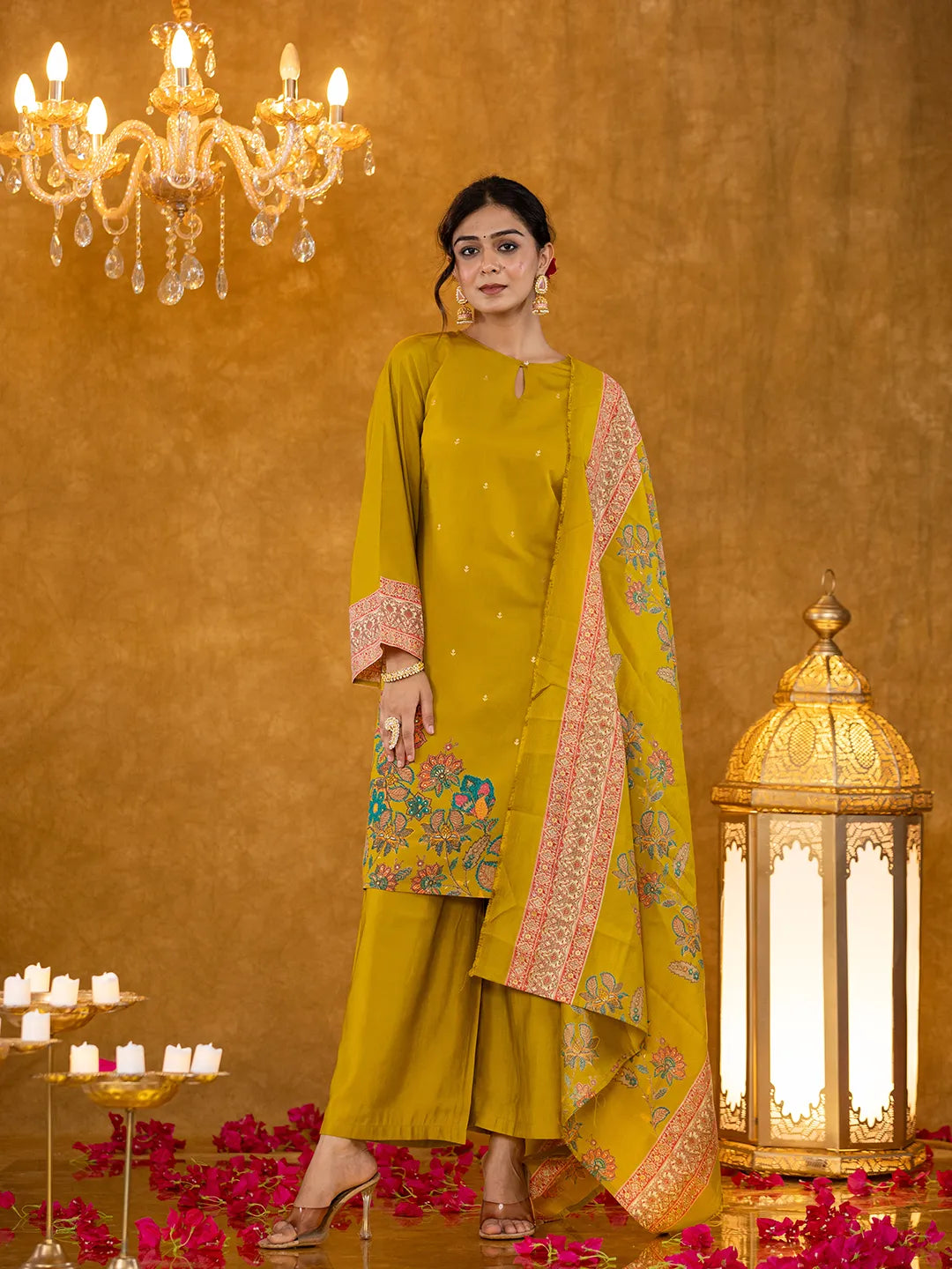 Green Patola Print Panelled Kurta with Dupatta