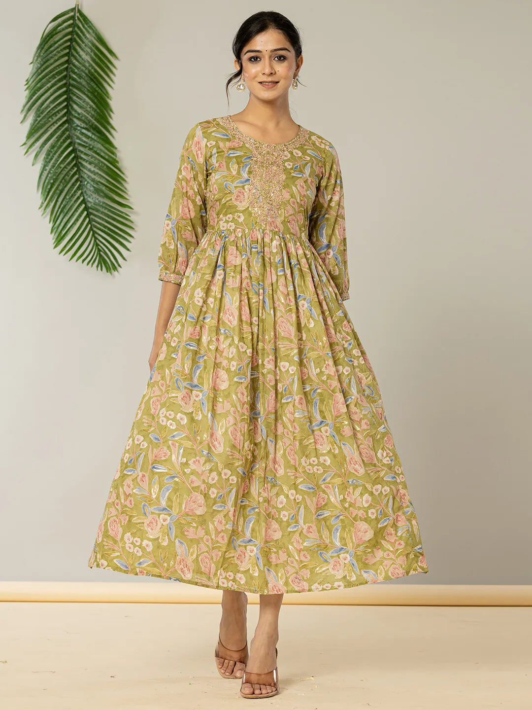 Light Green Floral Cotton Kotadoria Embroidery Dress Materials