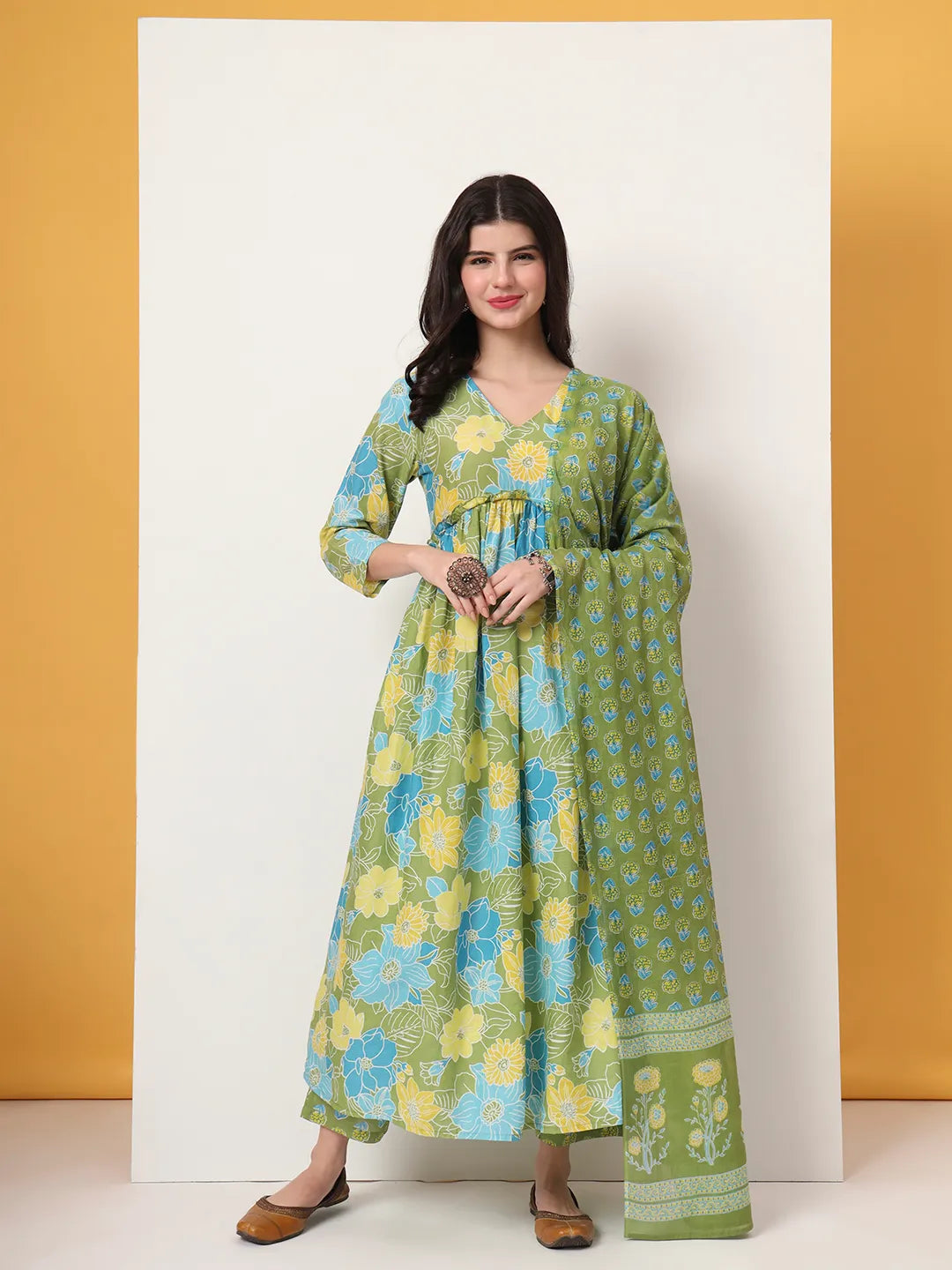 Green Pure Cotton Maternity Anarkali Kurta Trouser Dupatta Set XXL / Green / Pure Cotton