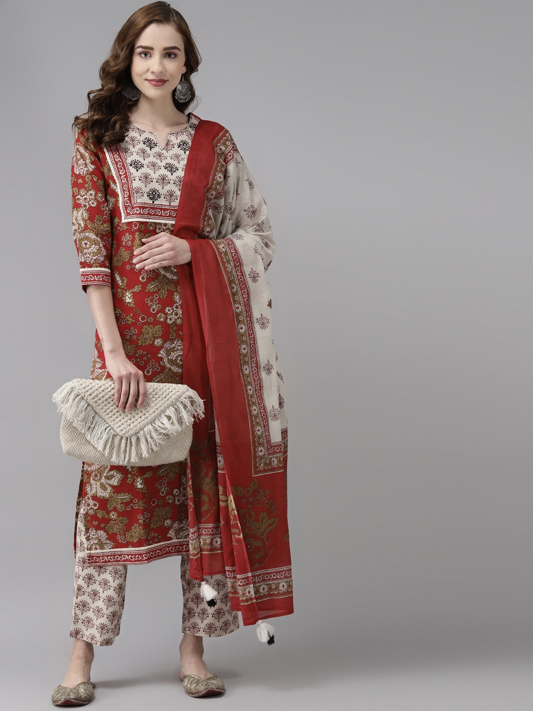 Maroon Floral Print Rayon Kurta Set with Dupatta
