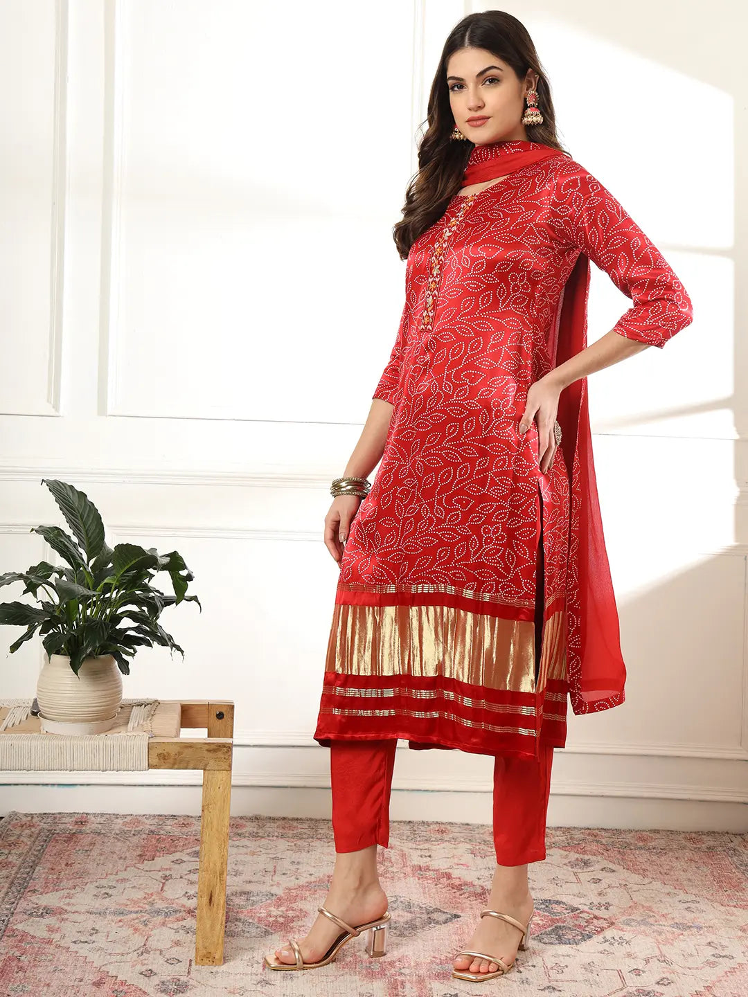 Maroon Gajji Silk Bandhani embroidered Kurta with Trousers with