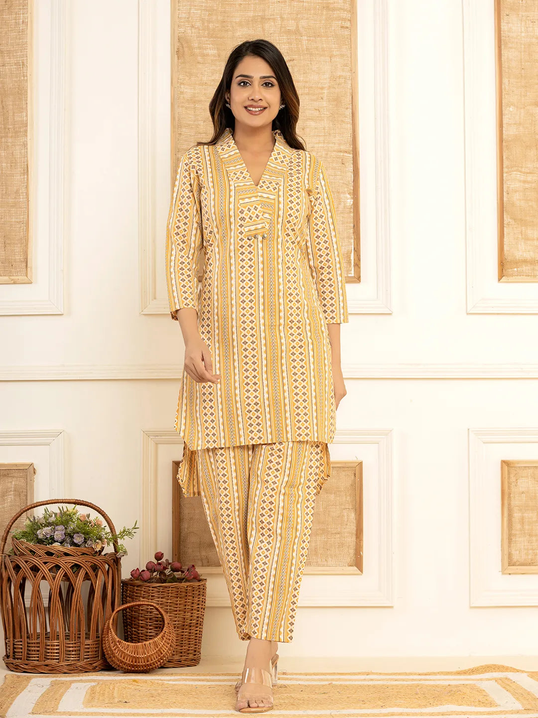 Mustard Cotton Ethnic Motifs Striped Print Co Ord Set - Main Image