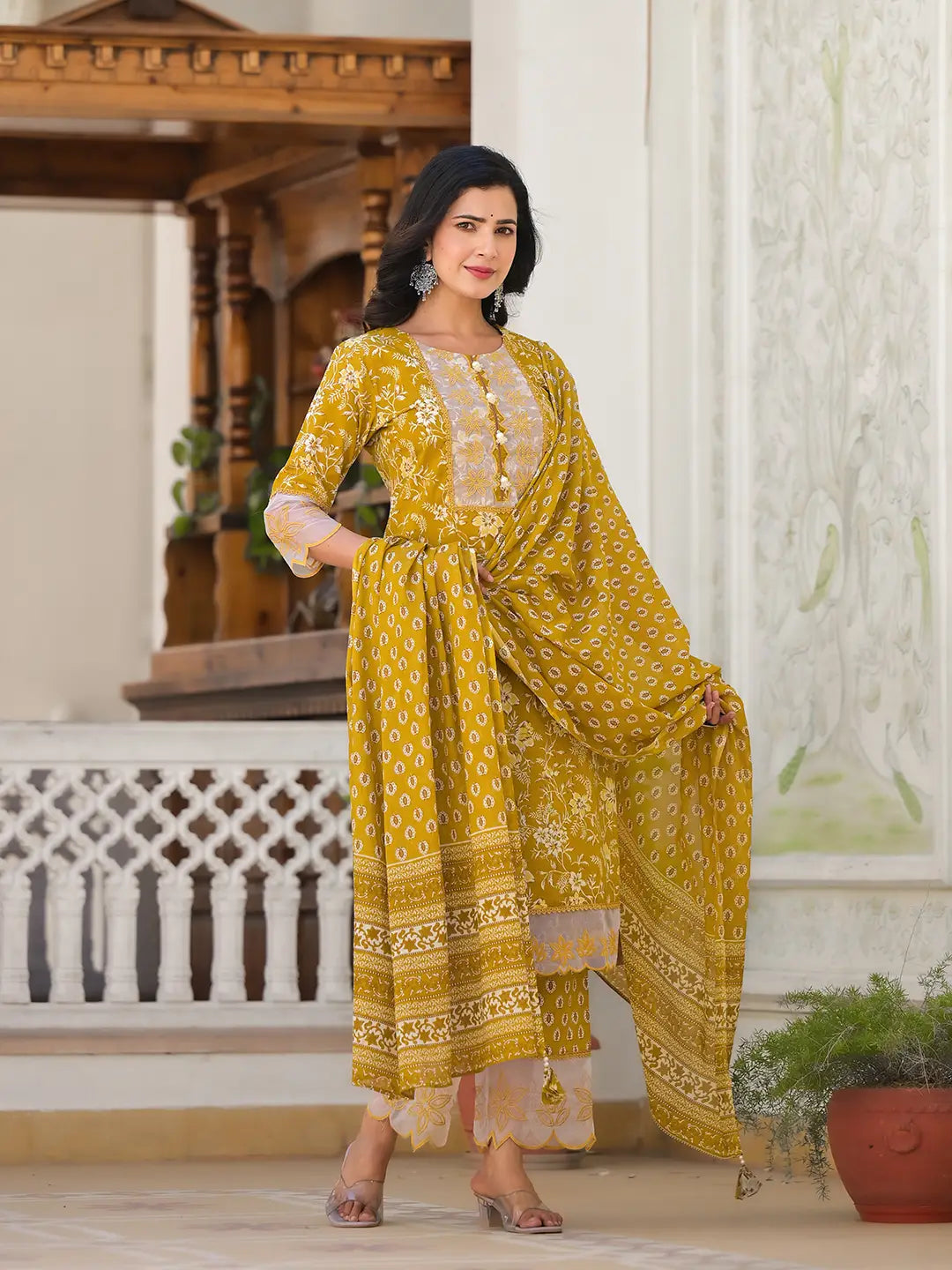 Mustard Floral Printed Kurta Set