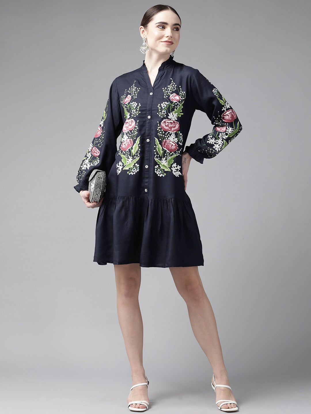 4511095 Navy Blue Striped & Embroidered Shirt Dress