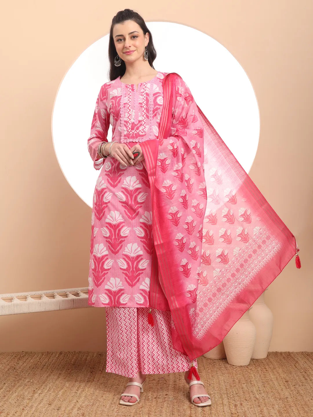 Pink Pure Cotton Straight Kurta Set With Palazzo And Dupatta