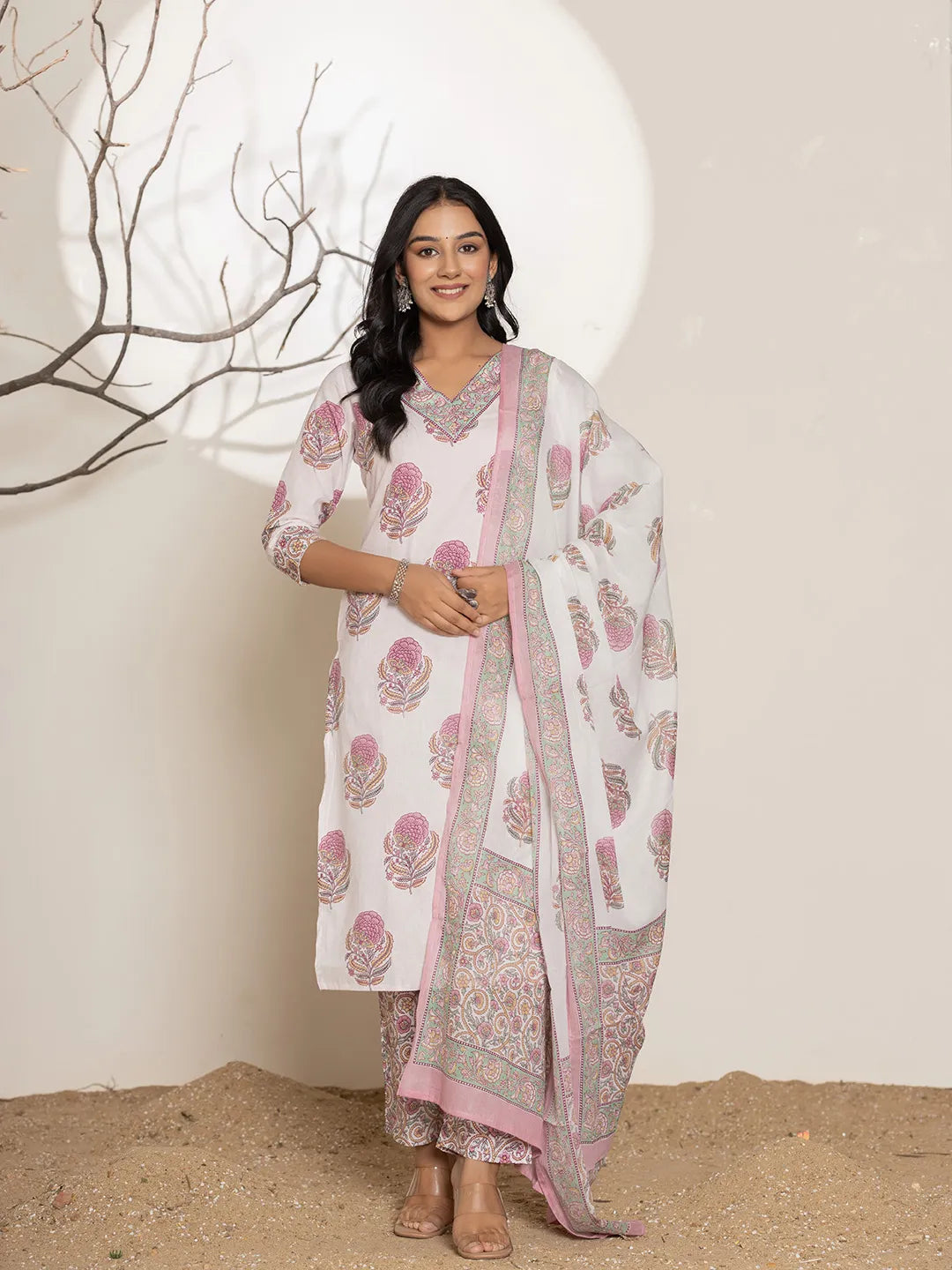 Babyhug Cotton Woven Full Sleeves Floral Printed Kurta & Dhoti Set - Pink & White