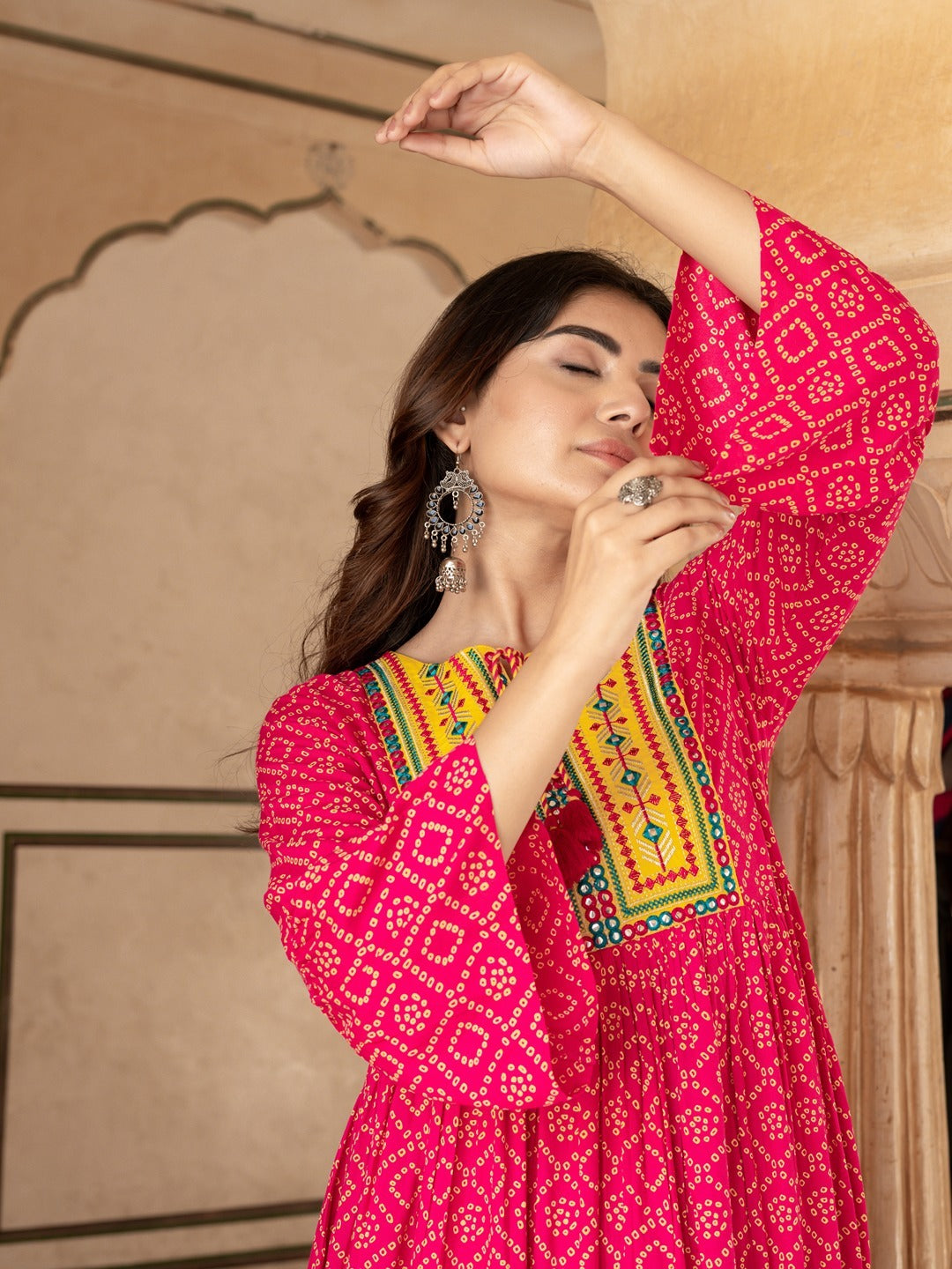 Pink & Yellow Ethnic Motifs Ethnic Dress freeshipping - Yufta Store Pink & Yellow Ethnic Motifs Ethnic Dress freeshipping - Yufta Store