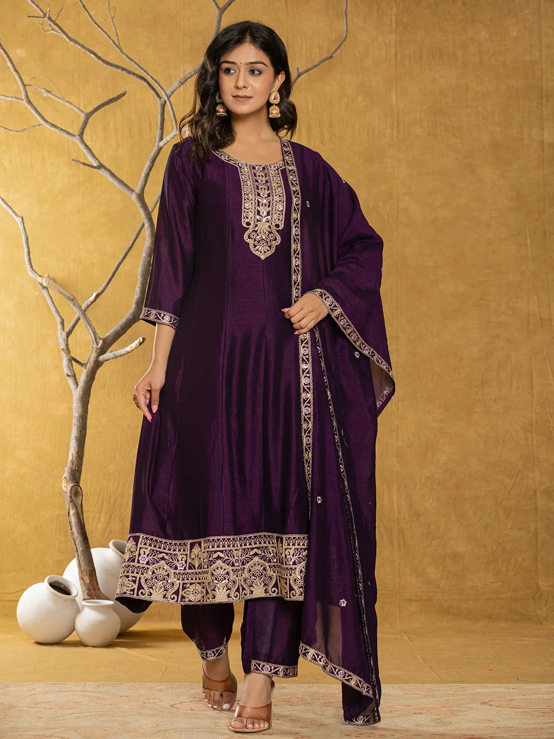 Women's Purple Chinon Embroidered Anarkali Kurta With Dupatta
