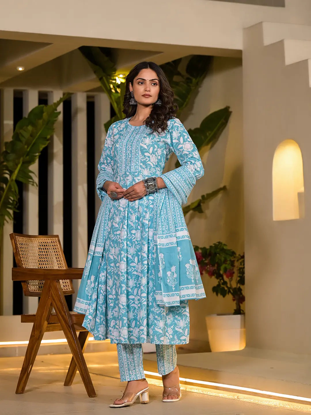 Sky Blue Cotton Anarkali Style Sequins Work Kurta With Trousers And Dupatta  Set