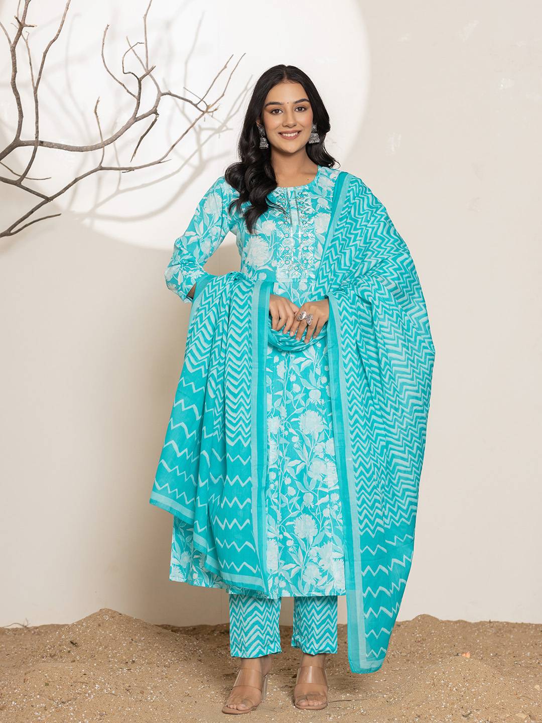 Sahiba Floral Hand Block Pure Cotton Anarkali Suit Set