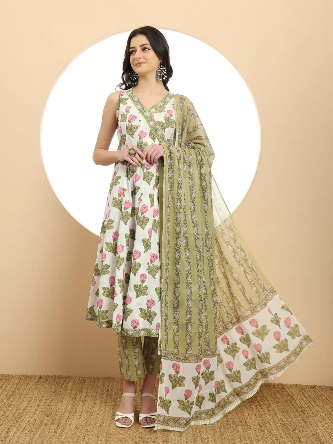 White And Green Floral Print Anarkali Kurta Set With Dupatta