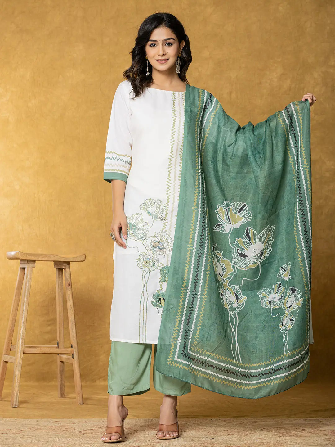 Ishin Women's White & Green Embroidered A-Line Kurta Set | Includes Trouser & Dupatta | Medium
